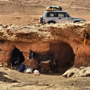 A 4x4 parked on a rock ledge in the southern Moroccan desert, a donkey resting in the shade of the shelter below
