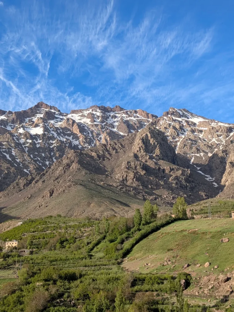 Snow-capped High Atlas peaks above green terraced fields in spring