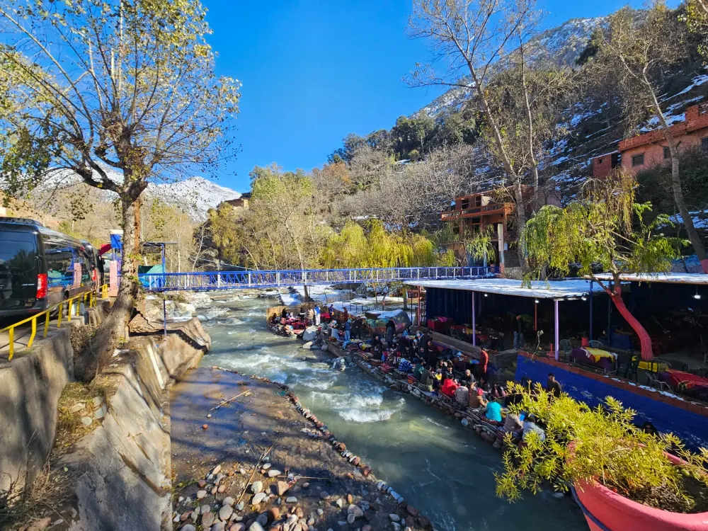Riverside cafés along a mountain stream in a High Atlas valley